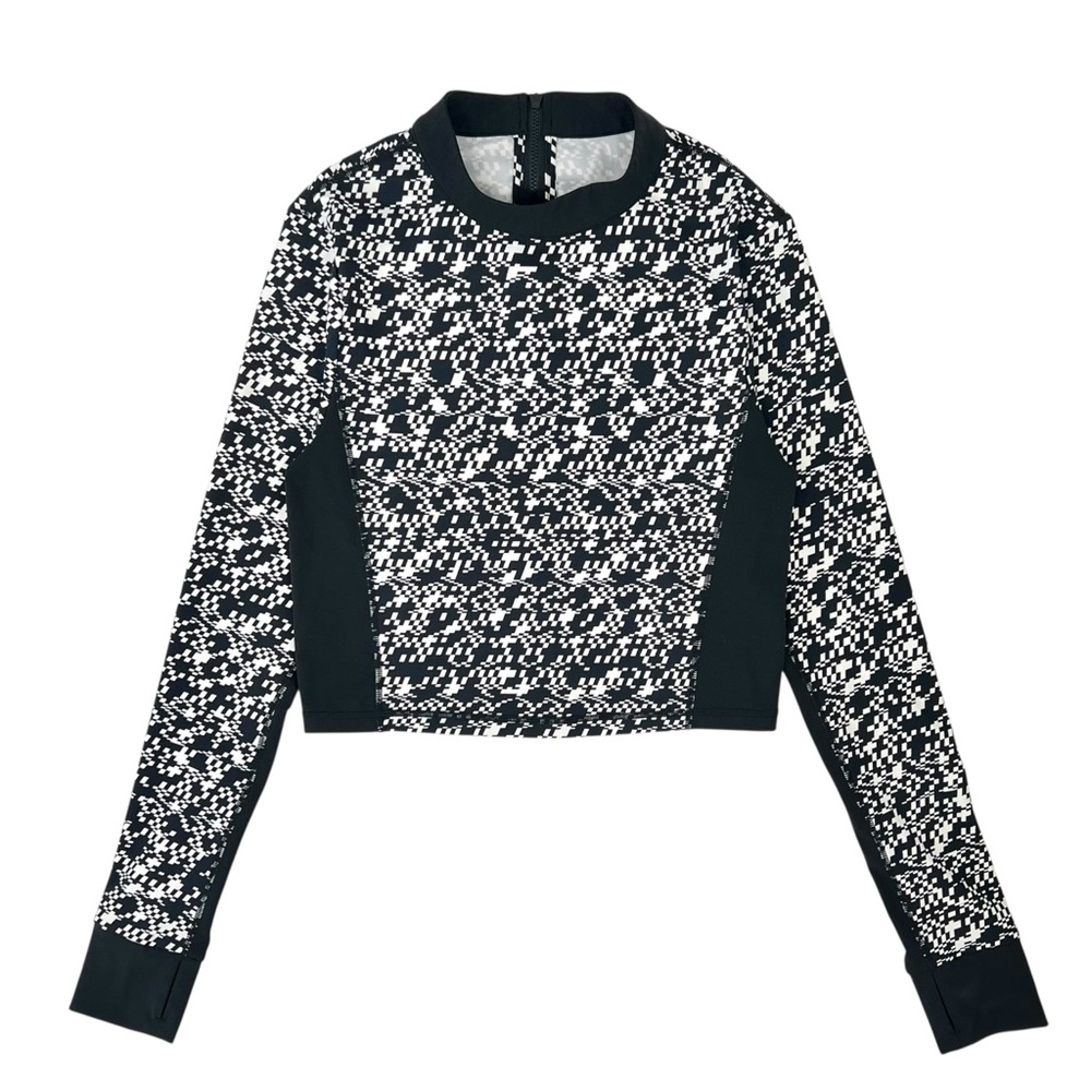 SWEATY BETTY Power Zip Back Long Sleeve Black & White Pixel Print Active Gym Top
